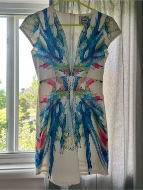 White Multicolor Printed V-Neck Cap Sleeve Dress